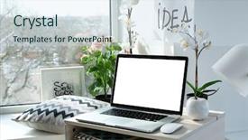  Presentation with laptop blank screen - Theme with stationery display - stylish workplace with laptop blank background and a sky blue colored foreground