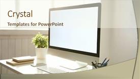  Presentation with workplace - Theme featuring stationery display - workplace with modern computer background and a  colored foreground