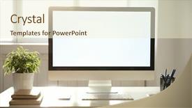  Presentation with workplace - Colorful slide deck enhanced with stationery display - workplace with modern computer backdrop and a cream colored foreground