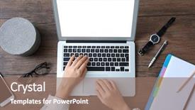  Presentation with laptop blank screen - Beautiful slides featuring stationery display - young woman using laptop backdrop and a coral colored foreground