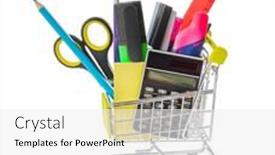  Presentation with shopping - PPT theme having stationery-in-shopping-cart-isolated background and a white colored foreground