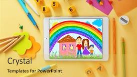  Presentation with modern color - Amazing PPT theme having stationery on color background children backdrop and a yellow colored foreground