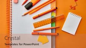  Presentation with notepad - Cool new PPT theme with stationery-supplies-opened-notepad-top backdrop and a gold colored foreground