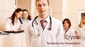  Presentation with hospital - Beautiful theme featuring stations groups people - group doctors standing at reception backdrop and a lemonade colored foreground