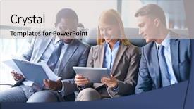  Presentation with managers - PPT theme consisting of stations groups people - group of three successful managers background and a light gray colored foreground