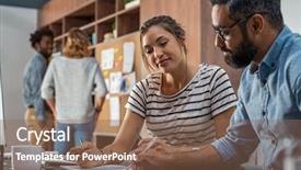  Presentation with creative writing - Theme enhanced with stations groups people - mature businessman and young businesswoman background and a violet colored foreground