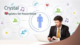  Presentation with testing - Colorful presentation design enhanced with cloud testing - businessman sitting at white table backdrop and a sky blue colored foreground