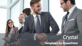  Presentation with blue puzzle handshake - Theme with statistics - businessman by handshake invites background and a dark gray colored foreground