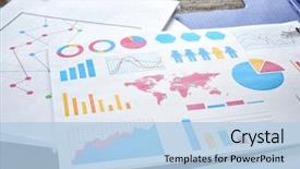  Presentation with statistics - Cool new PPT theme with statistics - documents with graphs and charts backdrop and a light blue colored foreground