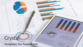  Presentation with pen - Beautiful presentation design featuring statistics - financial charts on the table backdrop and a light blue colored foreground