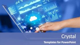  Presentation with information technology - Colorful PPT theme enhanced with statistics - hand using laptop with cloud backdrop and a ocean colored foreground
