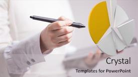  Presentation with analytics - Slide set featuring statistics - woman shows a pie chart background and a light gray colored foreground