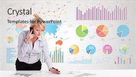  Presentation with colorful - Colorful presentation enhanced with statistics analysis - business woman with colorful charts backdrop and a light gray colored foreground