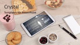  Presentation with food body - Amazing PPT layouts having statistics flat - healthy food composition with tablet backdrop and a  colored foreground
