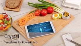  Presentation with food body - PPT theme having statistics flat - healthy food composition with tablet background and a coral colored foreground