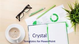  Presentation with wooden desk cup - Audience pleasing presentation consisting of statistics flower - office desk workplace with charts backdrop and a sky blue colored foreground