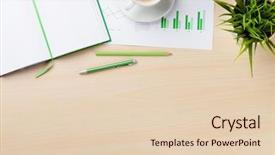  Presentation with wooden desk cup - Cool new theme with statistics flower - office desk workplace with charts backdrop and a lemonade colored foreground