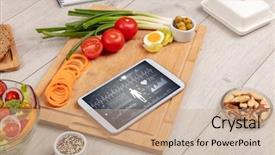  Presentation with food body - Colorful theme enhanced with statistics foods - healthy food composition with tablet backdrop and a  colored foreground