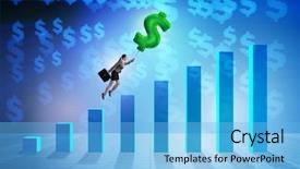  Presentation with statistics - Colorful PPT theme enhanced with statistics free - businesswoman flying on dollar sign backdrop and a light blue colored foreground