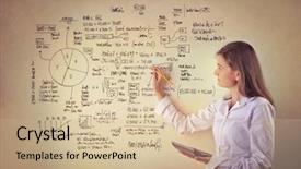  Presentation with maths - Cool new PPT layouts with statistics maths - young businesswoman writing graphics backdrop and a  colored foreground