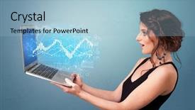  Presentation with financial - Colorful presentation enhanced with statistics project - woman holding laptop projecting financial backdrop and a light blue colored foreground