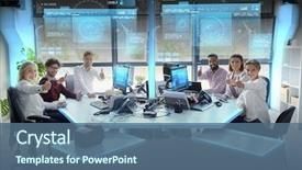  Presentation with virtual team - Colorful slide deck enhanced with statistics technology and people concept backdrop and a ocean colored foreground