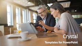  Presentation with salesman - Audience pleasing slides consisting of stats on cellphone during informal backdrop and a coral colored foreground