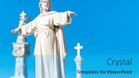  Presentation with jesus christ - PPT layouts having statue of jesus christ with his arms extended and christian crosses on the background background and a cyan colored foreground