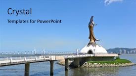  Presentation with macau - Colorful slide deck enhanced with statue of kun iam backdrop and a light blue colored foreground