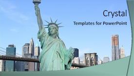  Presentation with brooklyn bridge - PPT theme enhanced with statue of liberty and brooklyn bridge with new york city skyline background and a light blue colored foreground
