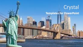  Presentation with new york state - Amazing presentation design having statue of liberty with background of brooklyn bridge and lower manhattan skyscrapers bulding for new york city in new york state ny usa backdrop and a teal colored foreground
