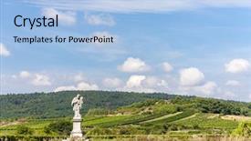  Presentation with saint - Colorful presentation enhanced with statue of saint jan nepomucky with vineyard near retz lower austria austria backdrop and a light blue colored foreground