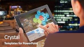  Presentation with city buildings - Slides having status update - businesswoman working on digital 3d background and a tawny brown colored foreground