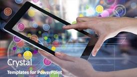  Presentation with hands holding black tablet - PPT layouts having status update - digital composite of holding tablet background and a ocean colored foreground