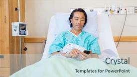  Presentation with nurse a male patient - Slide set having status update - mature male patient text messaging background and a  colored foreground
