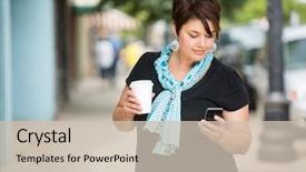  Presentation with cup coffee - PPT layouts having status update - young woman holding disposable coffee background and a soft green colored foreground