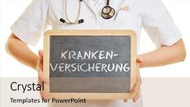  Presentation with health insurance - PPT theme featuring statutory - doctor holding a blackboard background and a coral colored foreground