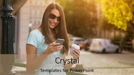  Presentation with listening woman - Amazing presentation design having stay go - beautiful young brunette woman listening backdrop and a coral colored foreground