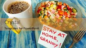  Presentation with tea cup - Audience pleasing presentation theme consisting of stay-home-granny-note-fritters backdrop and a gold colored foreground