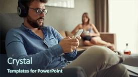  Presentation with man holding phone - Beautiful theme featuring staying in touch at home backdrop and a ocean colored foreground