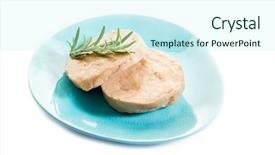  Presentation with vegan seitan - Beautiful PPT layouts featuring steacker - seitan steack over blue dish backdrop and a cool aqua colored foreground