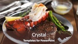  Presentation with steak - Slide deck with steak and lobster surf turf background and a tawny brown colored foreground