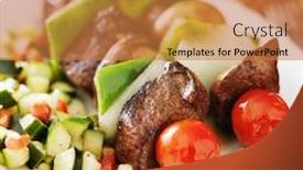  Presentation with steak - Presentation having steak-and-vegetable-shishkabobs background and a coral colored foreground