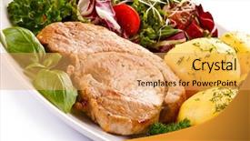  Presentation with steak - Presentation theme consisting of steak boiled potatoes and vegeta background and a yellow colored foreground