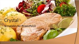  Presentation with t bone steak - Presentation design enhanced with steak boiled potatoes and vegeta background and a yellow colored foreground