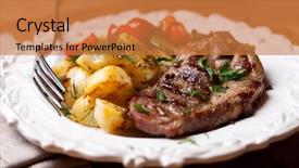  Presentation with dinner - Theme consisting of steak dinner - grilled pork with roasted potatoes background and a coral colored foreground