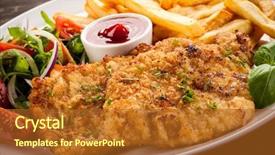  Presentation with french fries - Colorful PPT theme enhanced with steak dinner - pork chops french fries backdrop and a red colored foreground