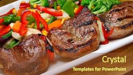  Presentation with meat - Slides having steak meal - meat skewer picanha with garnishes background and a  colored foreground