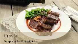  Presentation with steak - Beautiful presentation theme featuring steak on plate with bottle of wine on wooden background backdrop and a coral colored foreground