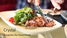 Presentation with meat - Cool new slide deck with steak restaurant - man eating meat with salad backdrop and a blonde colored foreground
